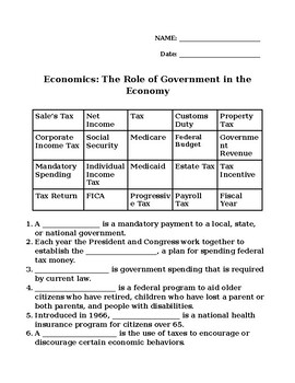 Preview of Economics: The Role of Government in the Economy Vocabulary Quiz/Worksheet