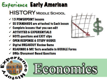 Preview of Economics Unit: Lessons, Readings, Breakouts & Tests / Middle School