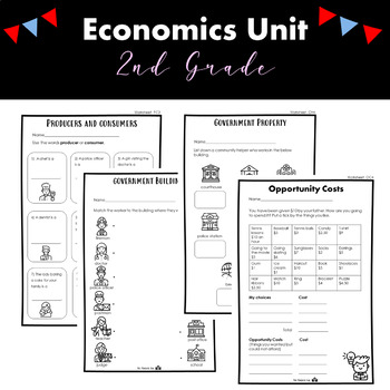 Preview of Economics Unit 2nd Grade Worksheets Producers Consumers Money Opportunity Cost