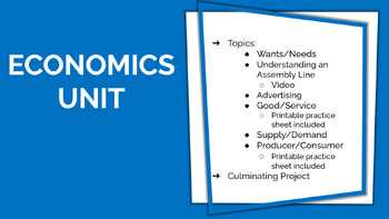 Preview of Economics Unit (Teaching Slides, Printables, Group Project)