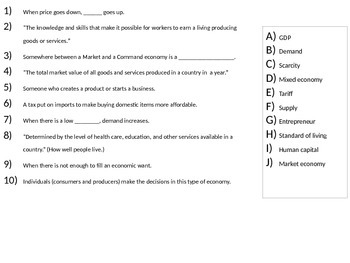 Preview of Economics Vocabulary Quiz