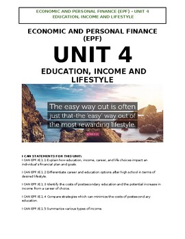 Preview of Economics and Personal Finance (EPF) - Unit 4 - Edu & Lifestyle - Notes Packet