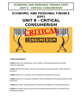 Preview of Economics and Personal Finance (EPF) - Unit 8 - Critical Consumer - Notes Packet