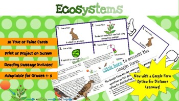 Preview of Ecosystems, Food Chains, Food Webs * True or False Cards * DISTANCE LEARNING