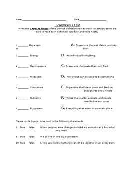 Preview of Ecosystems Quiz- Editable