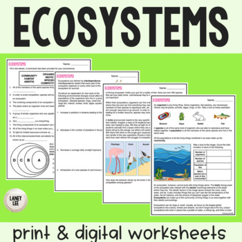 Preview of Ecosystems - Reading Comprehension Worksheets
