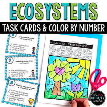 Preview of Ecosystems and Food Chains Digital/Print Task Cards and Color by Number Activity