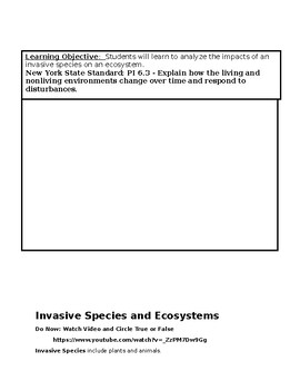 Preview of Ecosystems and Invasive Species- NYSS PI 6.1 Class Worksheet