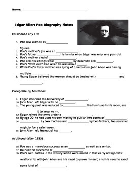 Preview of Edgar Allan Poe Biography Video Guided Notes + Key