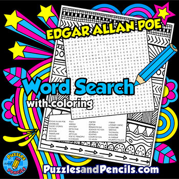 Preview of Edgar Allan Poe Word Search Puzzle Activity Page with Coloring | Famous Poets