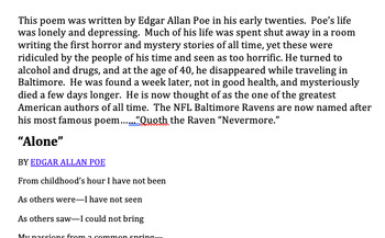 Preview of Anthropocene Reviewed / Edgar A. Poe's "Alone" poem questions/writing prompt -