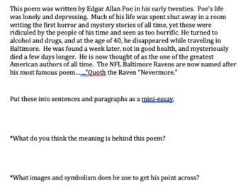 Preview of Edgar Allan Poe's "Alone" poem questions and writing prompt