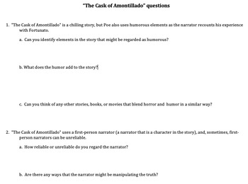 Preview of Edgar Allan Poe's "The Cask of Amontillado" Questions