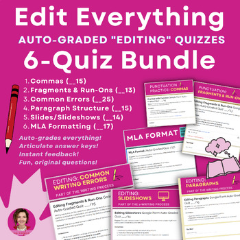 Preview of Edit Everything 6-Quiz BUNDLE | Auto-Graded Test Set (Punctuation, Slides, MLA)