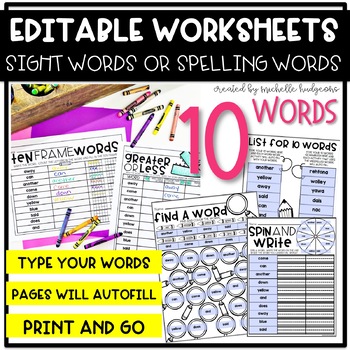 Preview of Editable 10 Sight Word, Spelling Words, Word Work, Worksheets |Distance Learning