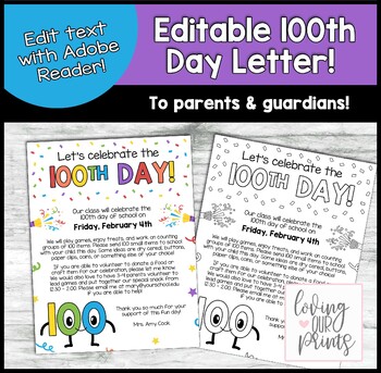 Preview of Editable 100th day of school note to parents, 100th day of school, 100s day