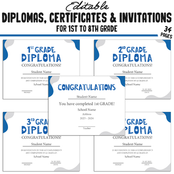 Preview of Editable 1st-8th Grade Graduation Certificate, Diploma, and Invitation Templates