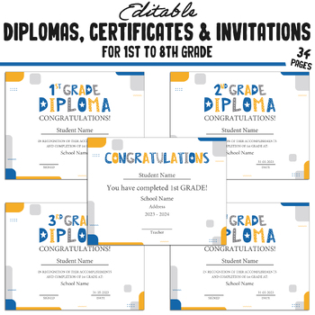 Preview of Editable 1st Grade Diploma, 1st-8th Grade Certificates, and Invitation Templates