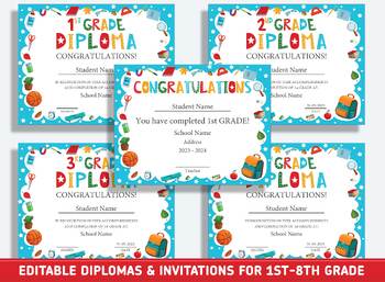 Preview of Editable 1st Grade Graduation, 1st-8th Grade Diploma, Certificate of Completion