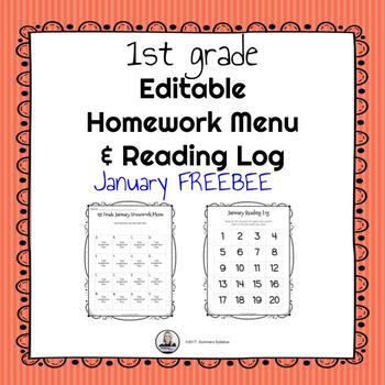 Preview of Editable 1st Grade January Homework Menu and Reading Log