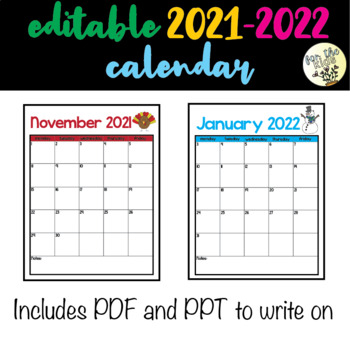 Preview of Editable 2021-2022 Calendar with Seasonal Images and Icons