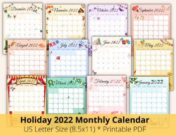 Preview of Editable 2022 Monthly Calendar, 2022 Calendar Printable, Holiday Calendar