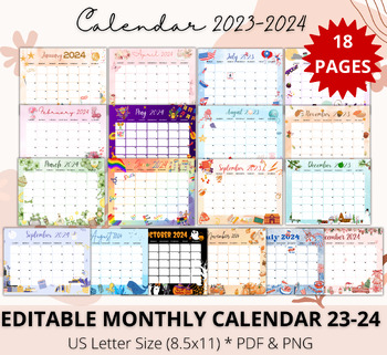 Preview of Editable 2023 2024 Calendar, Academic Planner, Back to School, 12 Month Calendar