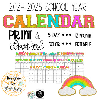 Preview of Editable 2024-2025 School Year Calendar Print and Digital