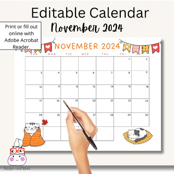 Preview of Editable 2024 November Monthly Calendar: Fillable with Acrobat Reader