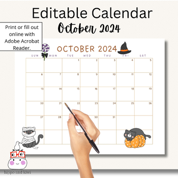 Preview of Editable 2024 October Monthly Calendar: Fillable with Acrobat Reader