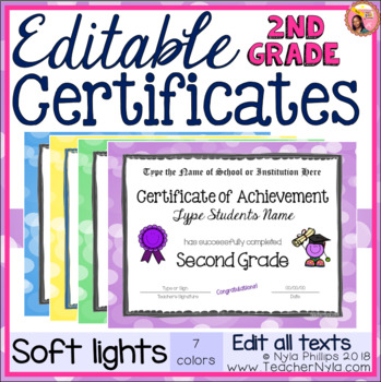 Preview of Editable 2nd Grade Certificates with Soft Lights Borders