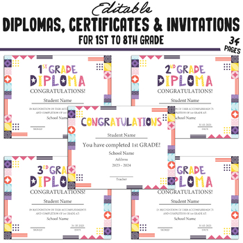 Preview of Editable 2nd Grade Diplomas, 1st-8th Grade Certificates & Invitation Templates
