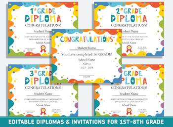 Preview of Editable 2nd Grade Graduation, 1st-8th Grade Diploma, Completion, Invitation