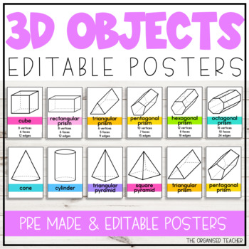 Preview of Editable 3D Objects Posters | Rainbow Stripes Classroom Decor