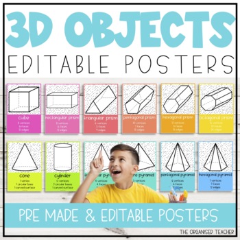 Preview of Editable 3D Objects Posters | Spotty Rainbow Classroom Decor