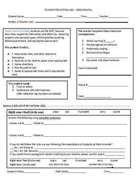 Preview of Editable 3rd-5th grade discipline reflection log