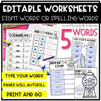 Preview of Editable 5 Sight Word, Spelling Words, Word Work, Worksheets | Distance Learning