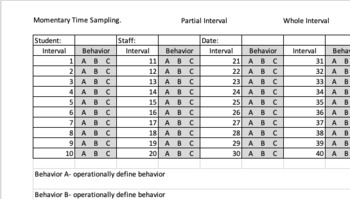 Preview of Editable 50 interval data sheet- ABA- Momentary, Whole, or Partial
