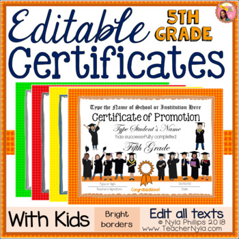 Preview of Editable 5th Grade End of Year Certificates - Bright Borders with Kids