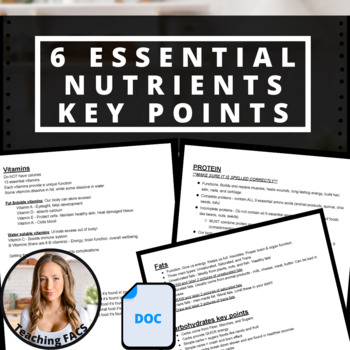 Preview of Editable 6 Essential Nutrients Key Points [FACS, FCS]