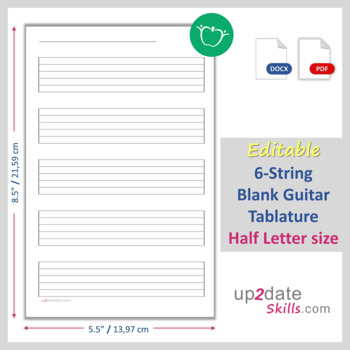 Preview of Editable 6-String Blank Guitar Tab - Half Letter - Personal and Commercial Use