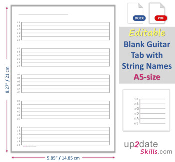 Preview of Editable 6-String Blank Guitar Tab with String Names A5-size pages