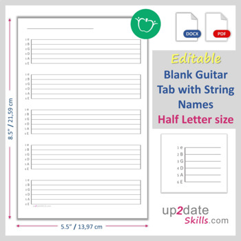 Preview of Editable 6-String Blank Guitar Tab with String Names Half Letter size pages