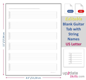 Preview of Editable 6-String Blank Guitar Tab with String Names US Letter size pages