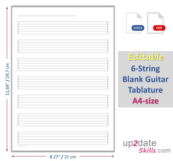 Preview of Editable 6-String Blank Guitar Tablature A4-size pages