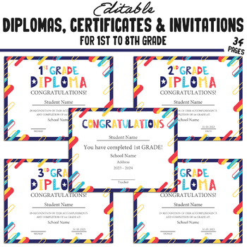 Preview of Editable 6th Grade Diplomas, 1st-8th Grade Certificates & Invitation Templates