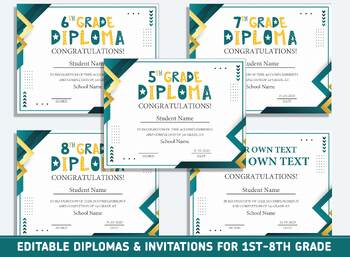 Preview of Editable 6th Grade Graduation, 1st-8th Grade Diploma, Certificate of Completion