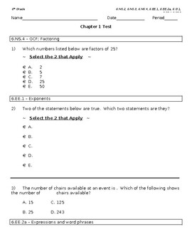 Preview of Editable 6th Grade Math Test Chapter 1 with Answer Key