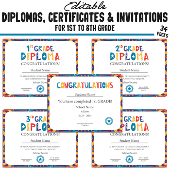 Preview of Editable 7th Grade Diplomas, 1st-8th Grade Certificates and Invitation Templates