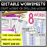Editable 8 Sight Word, Spelling Words, Word Work, Workshee